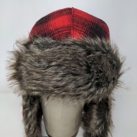 Goodfellow & Co Men's Trapper Hat Red Plaid One Size Vegan Fur Trim Ear Flaps - Picture 3 of 10